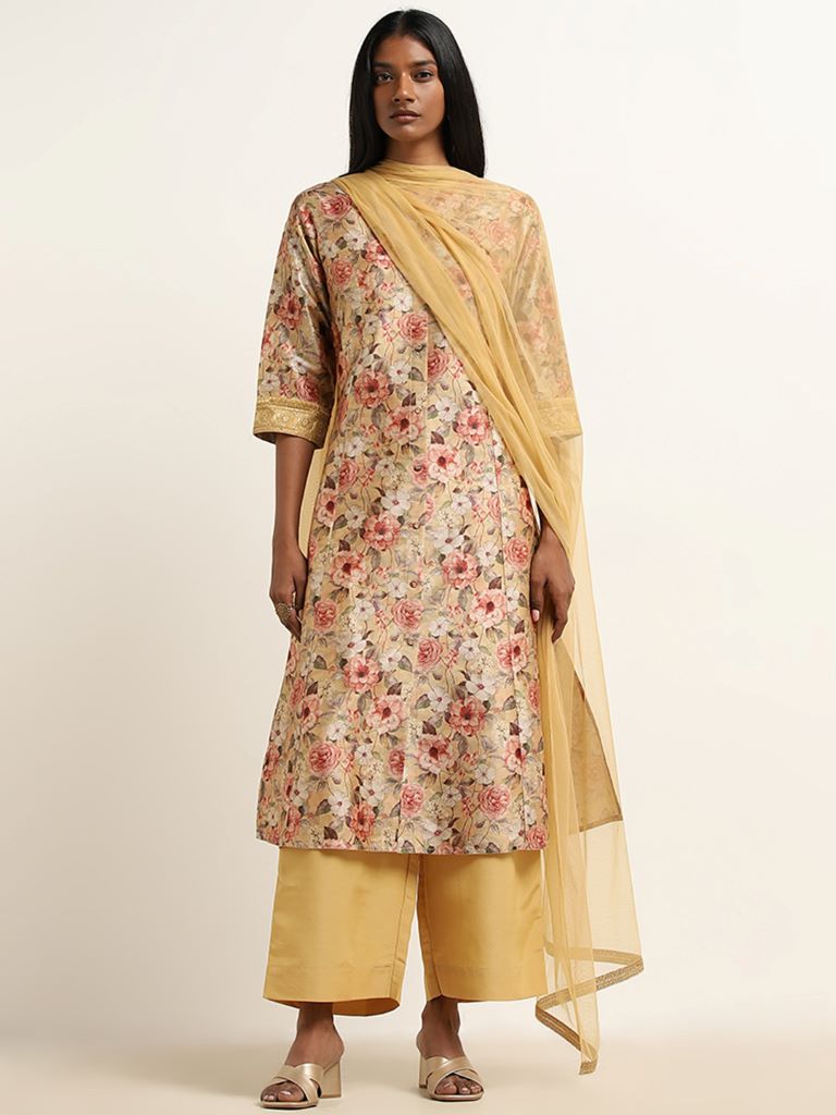 Vark Yellow Floral A-Line Kurta, Palazzos and Dupatta Set