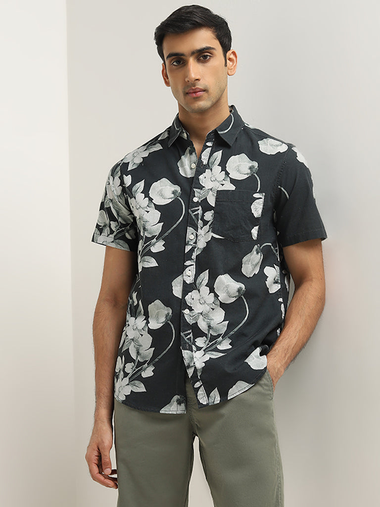 WES Casuals Charcoal Floral Design Slim-Fit Cotton Shirt