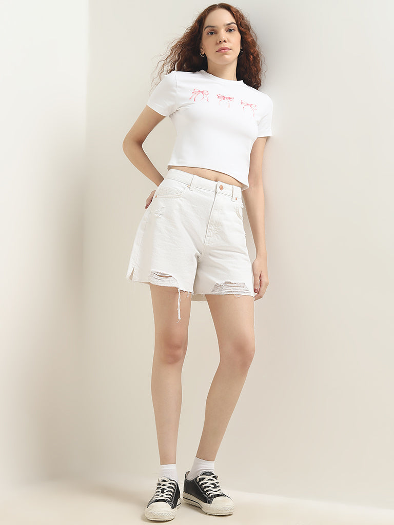 Nuon White High-Rise Ripped Denim Shorts