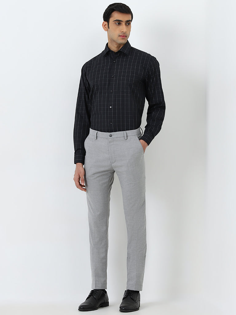 WES Formals Dark Grey Mid-Rise Ultra-Slim Fit Trousers