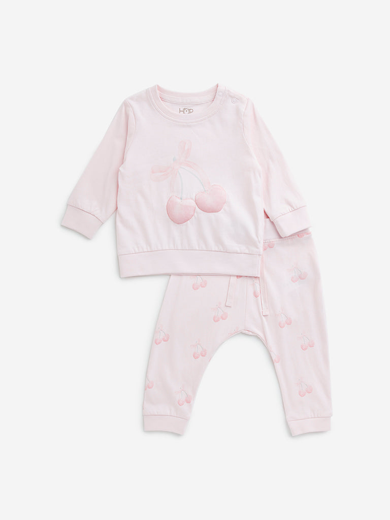 HOP Baby Pink Cherry Printed Cotton T-Shirt & Pants Set