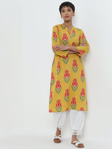 Utsa Yellow Floral Printed Straight Cotton Kurta