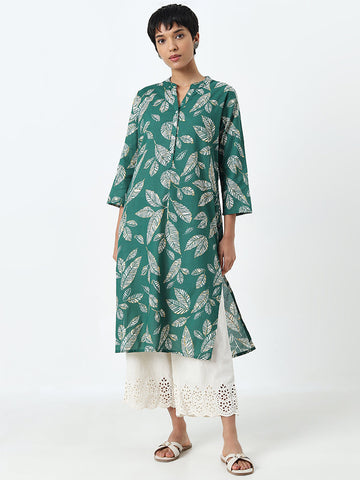 Utsa Green Leaf Design A-Line Cotton Kurta