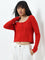 Nuon Red Ribbed Textured Cotton Blend Top