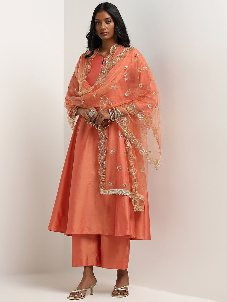 Vark Orange Solid A-Line Kurta, Palazzos And Dupatta Set