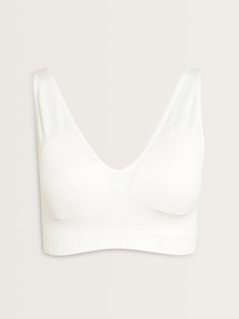 Superstar White Ribbed Textured Padded Plunge Cotton Bra