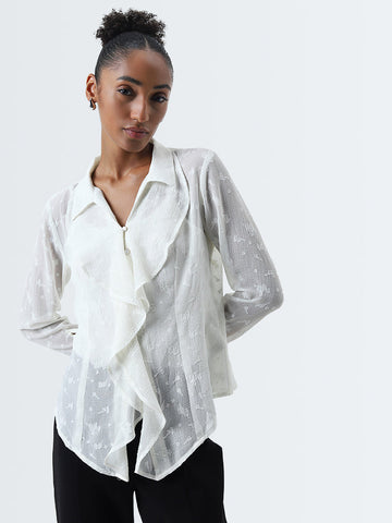 Wardrobe Ivory Ruffled Self-Patterned Top