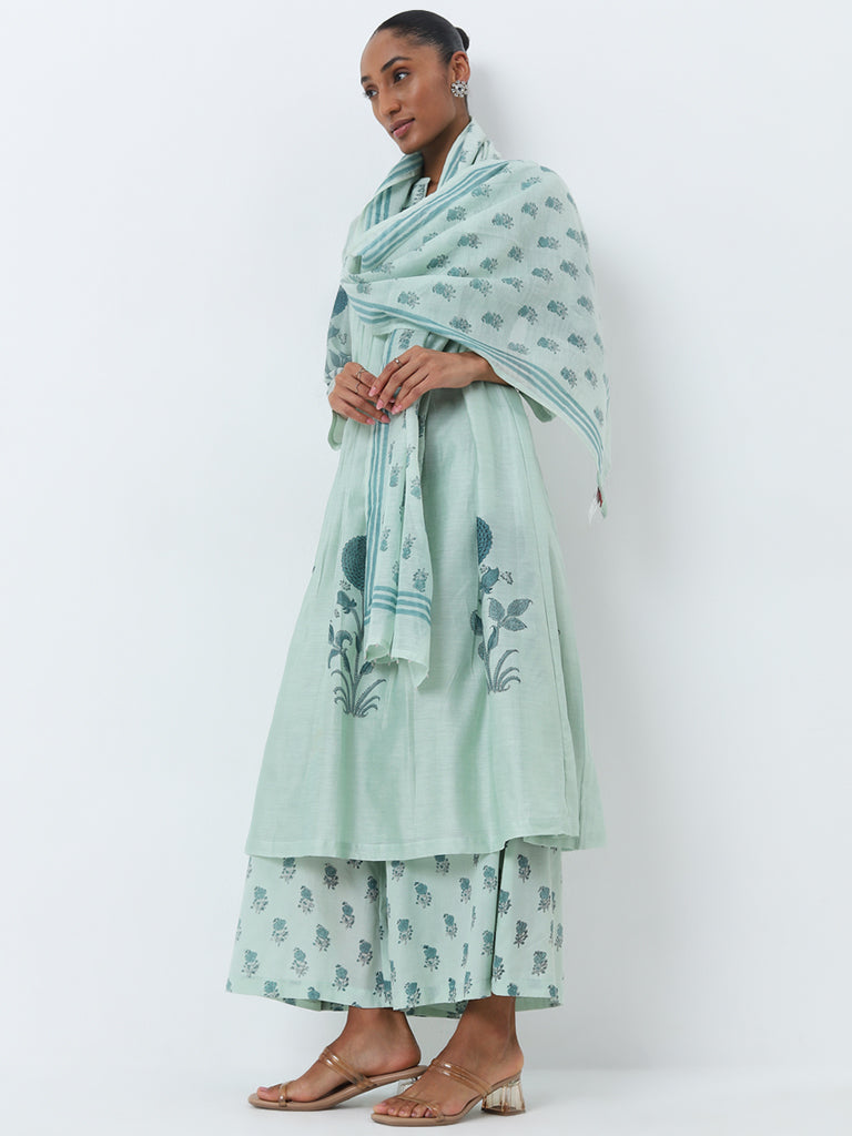 Zuba Sea Green Floral Printed High-Rise Palazzos