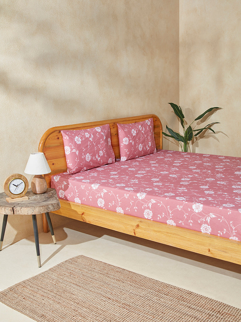 Westside Home Dusty Pink Floral King Bed Flat Sheet and Pillowcase Set