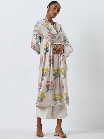 Zuba Beige Floral Printed A-Line Kurta