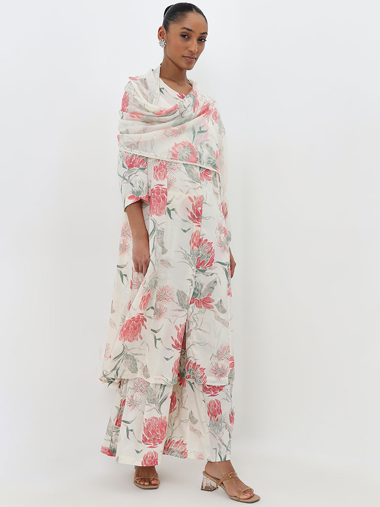 Zuba Off-White Floral A-Line Kurta