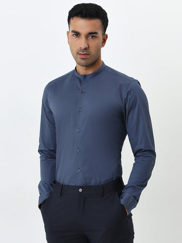 WES Formals Dark Blue Ultra-Slim Fit Cotton Blend Shirt