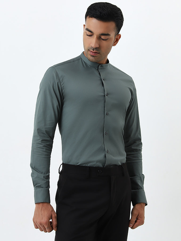 WES Formals Olive Solid Ultra-Slim Fit Cotton Blend Shirt