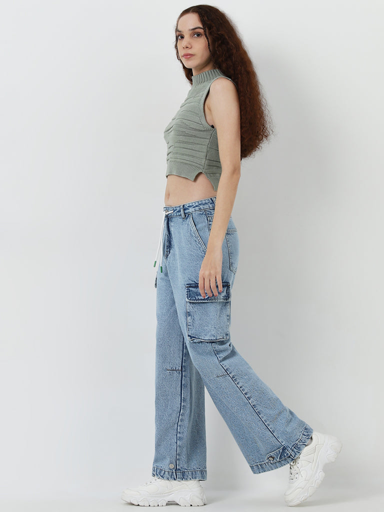 Nuon Light Blue Relaxed - Fit Cargo-Style Mid - Rise Jeans