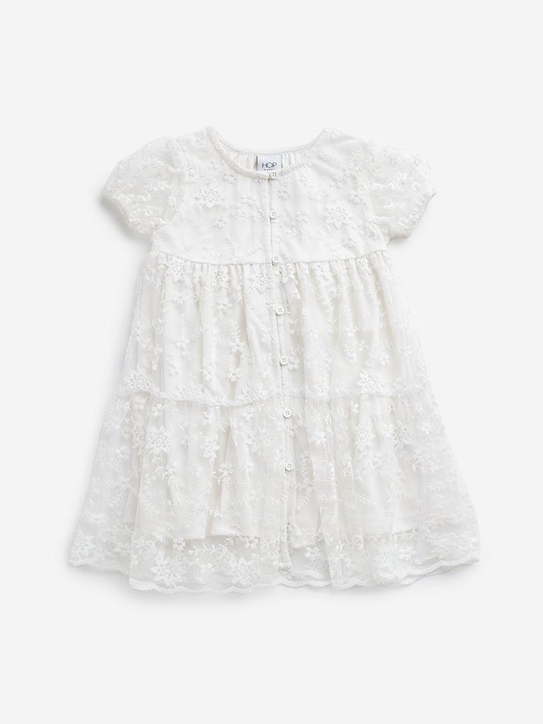 HOP Kids Off-White Lace Embroidered Tiered Dress