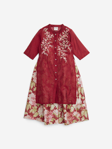 Utsa Kids Red Floral Embroidered A-Line Kurta with Inner (2-8 years)