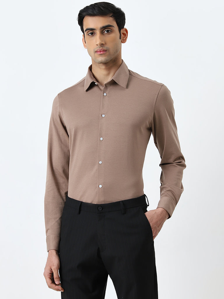 WES Formals Brown Solid Slim-Fit Shirt