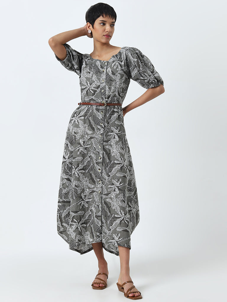 Utsa Charcoal Floral Printed A-Line Cotton Dress with Belt