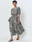 Utsa Charcoal Floral Printed A-Line Cotton Dress with Belt