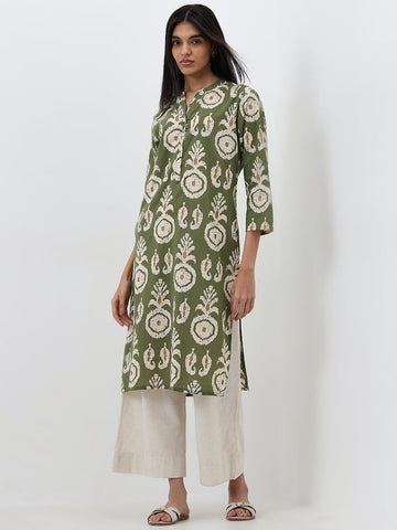 Utsa Olive Paisley Design Straight Cotton Kurta