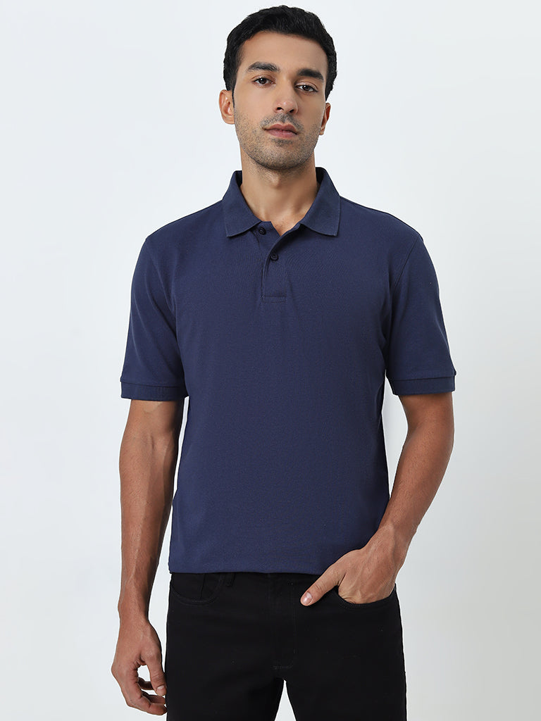 WES Casuals Blue Relaxed-Fit Cotton Blend Polo T-Shirt