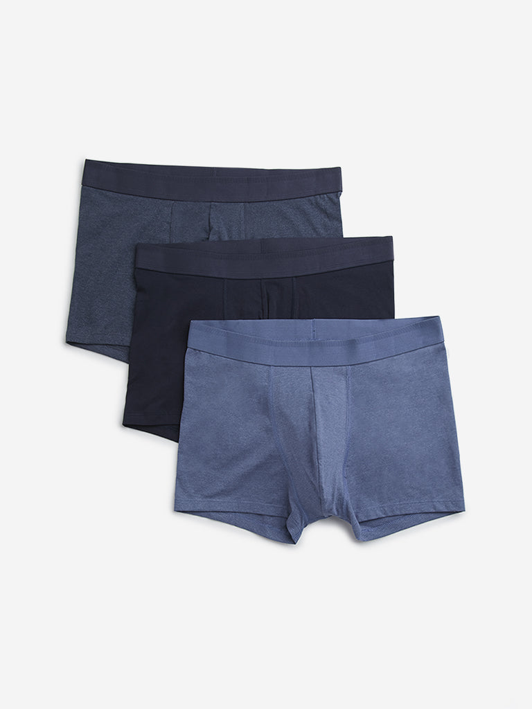 WES Lounge Blue Solid Cotton Blend Trunks - Pack of 3