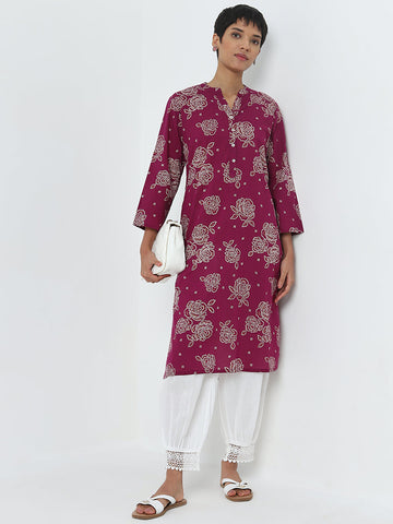 Utsa Wine Bandhani Printed Straight Cotton Kurta