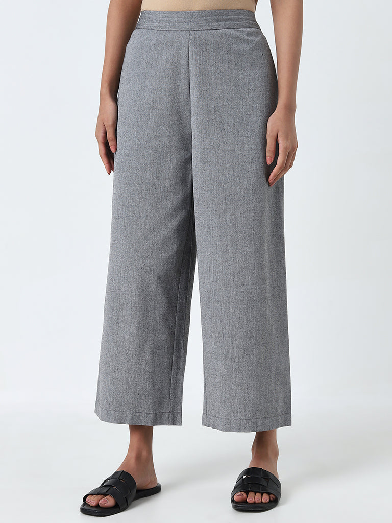 Utsa Grey High-Rise Straight Cotton Pants