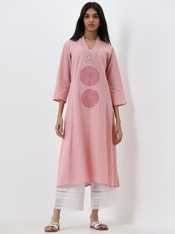 Utsa Dusty Pink Embroidered A-Line Cotton Blend Kurta