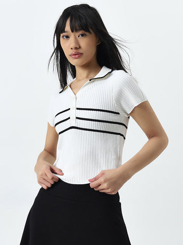 Studiofit White Ribbed Textured Collared Cotton T-Shirt