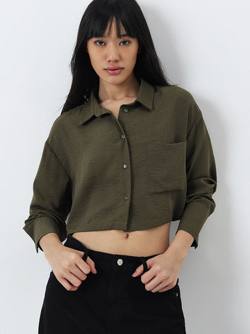 Nuon Olive Textured Crop Shirt