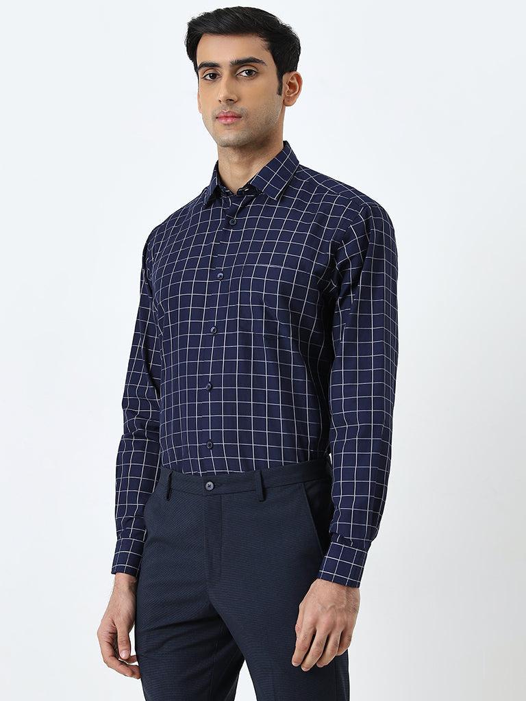 WES Formals Navy Checkered Relaxed-Fit Shirt