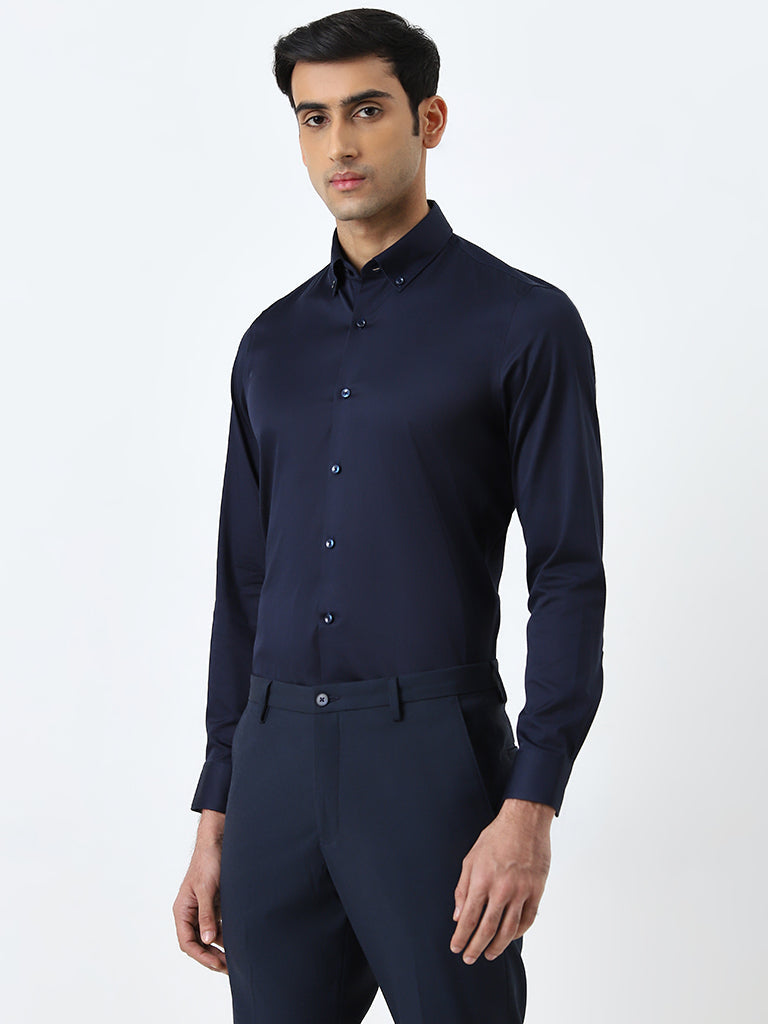 WES Formals Navy Solid Slim-Fit Cotton Blend Shirt