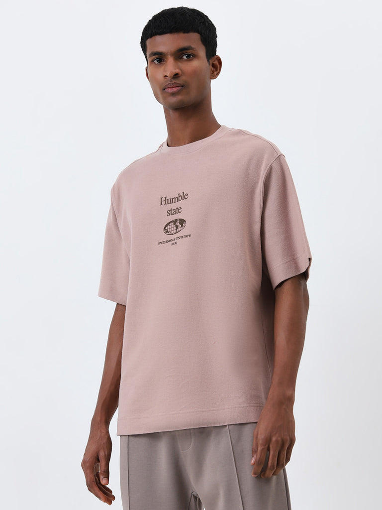 Studiofit Dusty Pink Text Design Relaxed-Fit Cotton T-Shirt