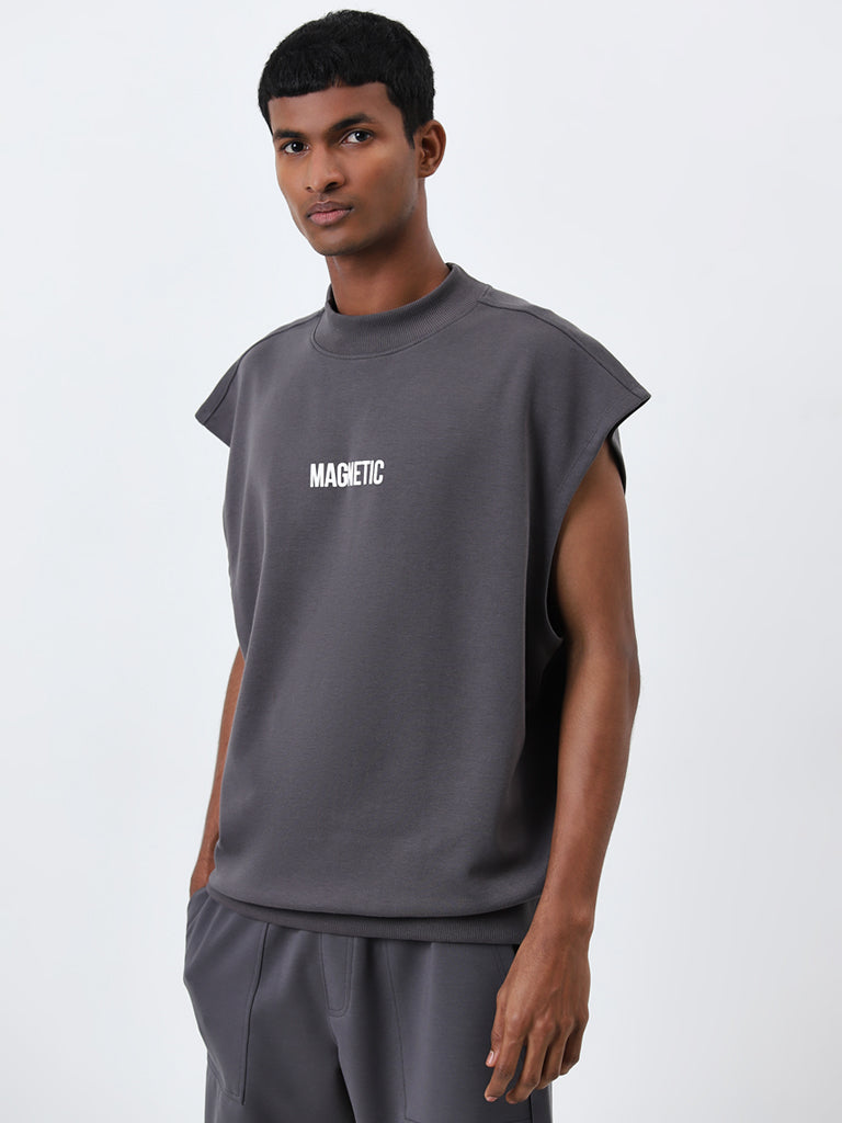 Studiofit Grey Text Design Relaxed-Fit T-Shirt