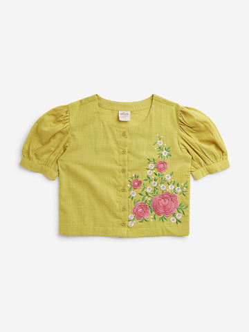 Utsa Kids Yellow Floral Embroidered Cotton Ethnic Top (8-14 years)