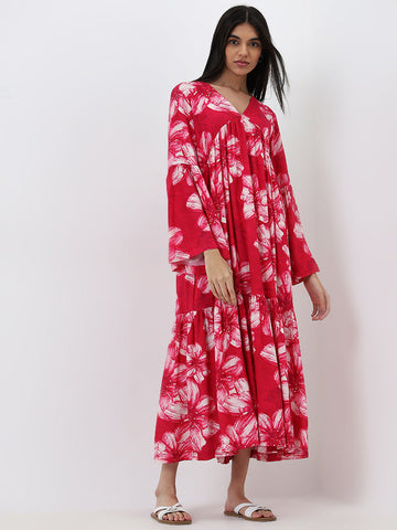 Utsa Pink Floral Printed A-Line Dress