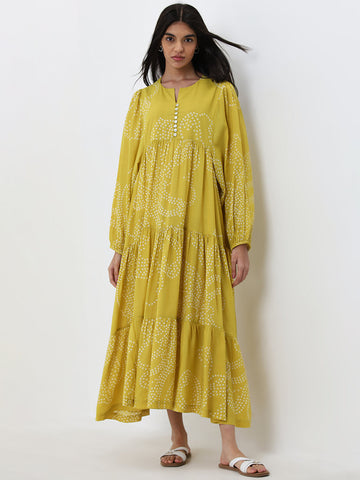 Utsa Yellow Bandhani Print Fit-and-Flare Tiered Dress