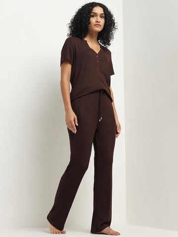 Wunderlove Dark Brown Ribbed Textured High-Rise Pants