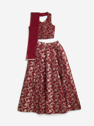 Utsa Kids Maroon Floral Design Ghagra, Choli and Dupatta Set (8-14 years)