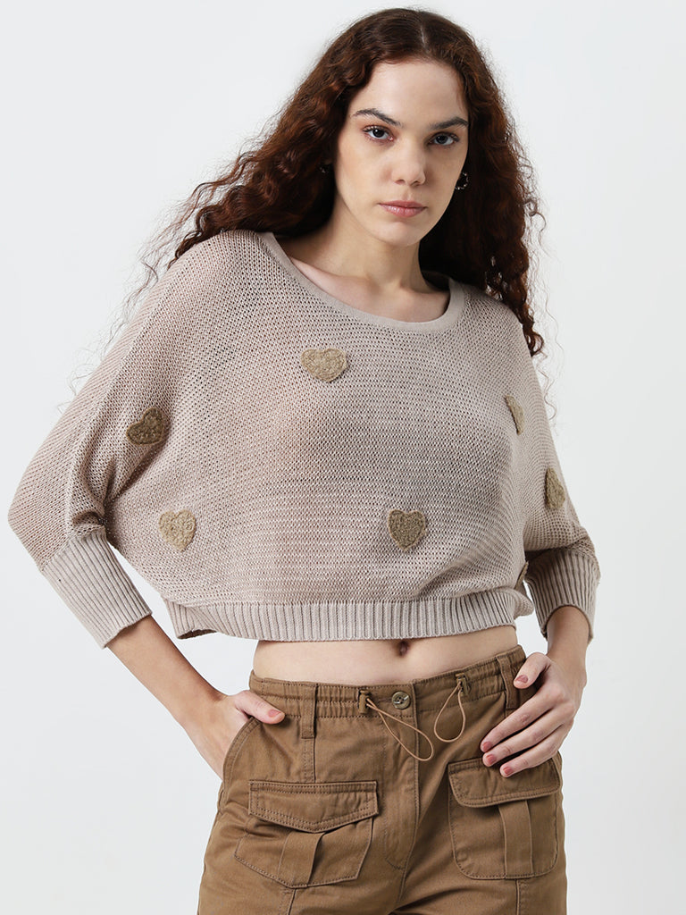 Nuon Beige Heart Embroidered Knitted Cotton Sweater