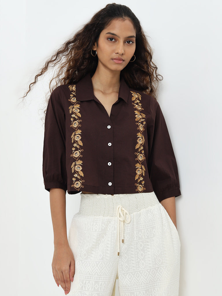 Bombay Paisley Dark Brown Floral Embroidered Cotton Shirt