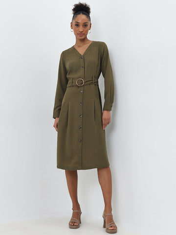 Wardrobe Olive A-Line Dress with Belt