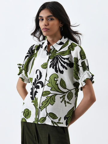 LOV Off-White Foliage Printed Blended Linen Shirt