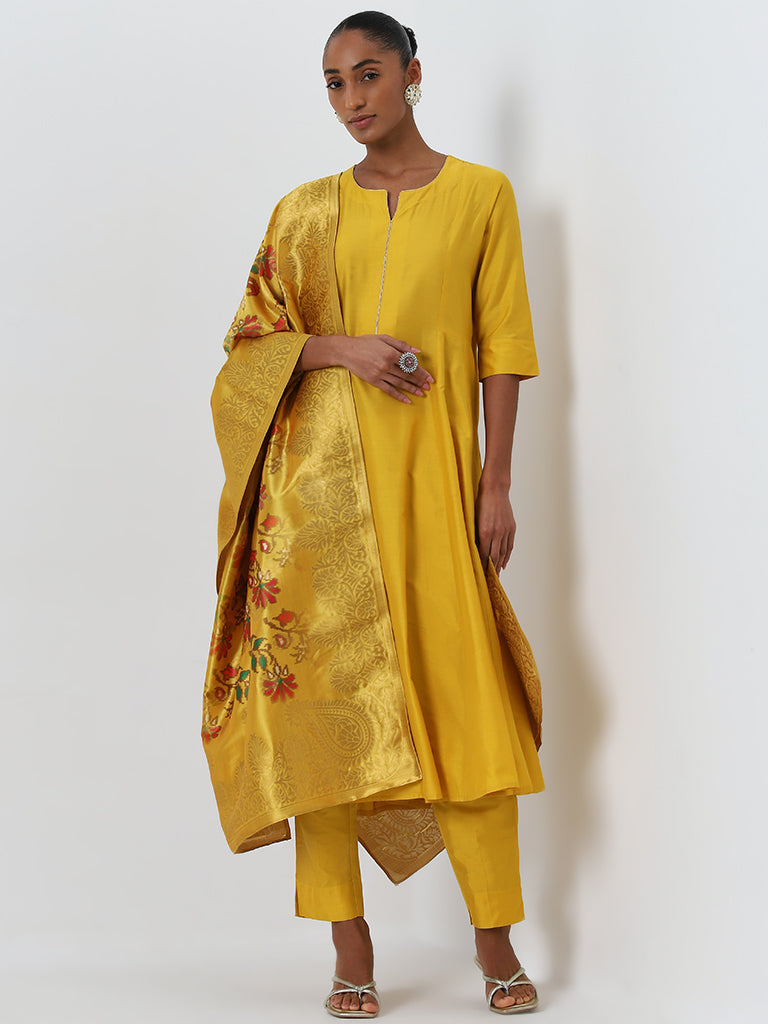 Vark Mustard Kurta, Ethnic Pants and Bandhani Dupatta Set