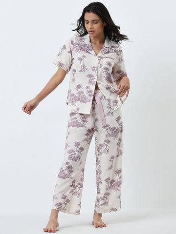 Wunderlove Lilac Printed Cotton Shirt and Pyjamas Set