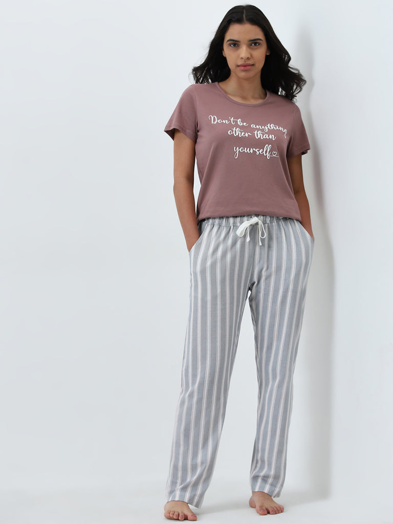 Wunderlove Grey Striped High-Rise Cotton Lounge Pants