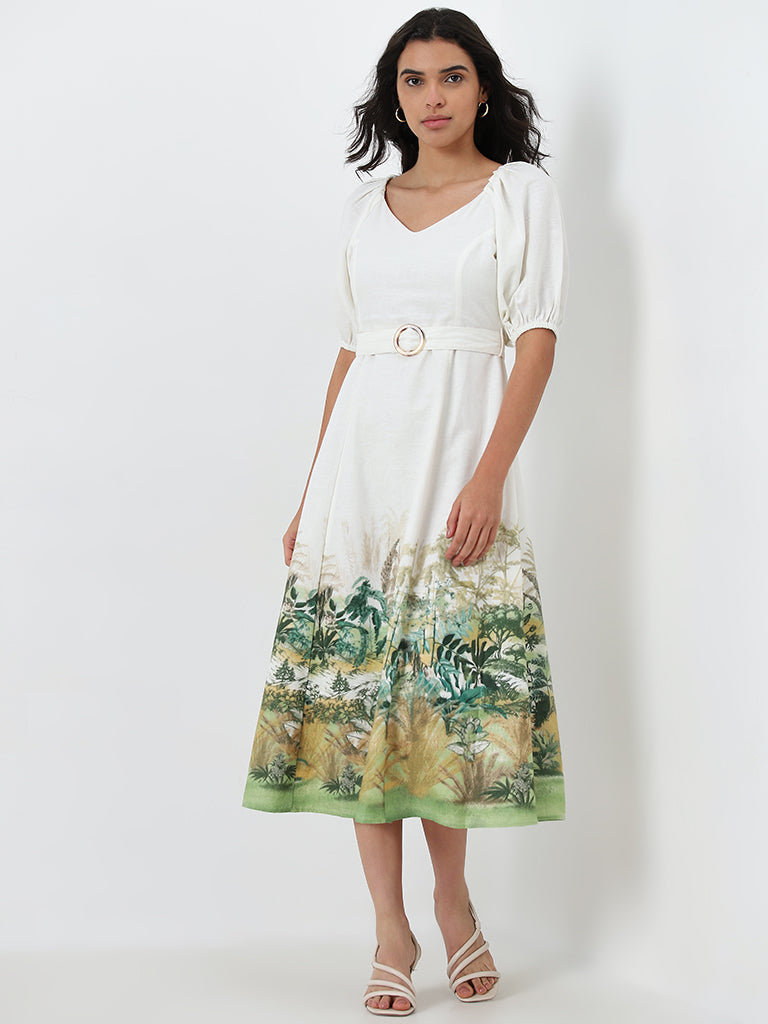 LOV Off-White Printed Blended Linen A-Line Dress with Belt