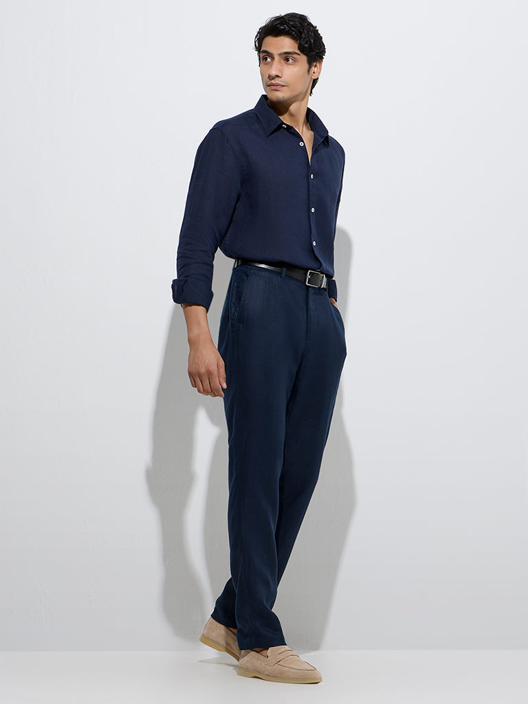 Ascot Navy Solid Relaxed-Fit Linen Shirt