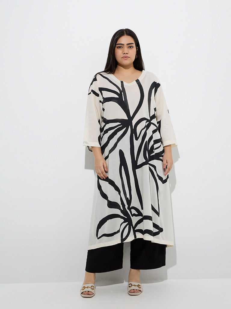 Diza Off-White Abstract Patterned A-Line Kurta